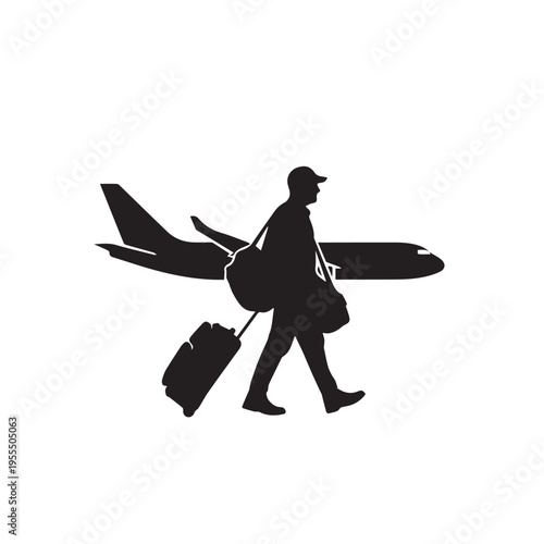 Man with suitcase and duffel bag walking past airplane silhouette travel concept