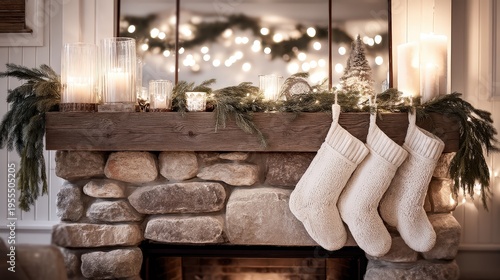 Rustic Christmas Fireplace with White Knitted Stockings and Candles