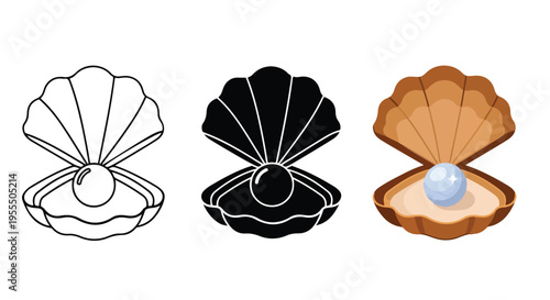 Three stylized illustrations of open seashells with pearls inside on a white background.