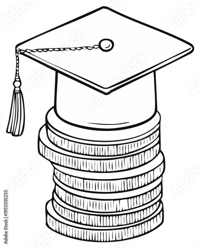 Graduation Cap on Coin Stack Depicts Education Costs and Financial Burden