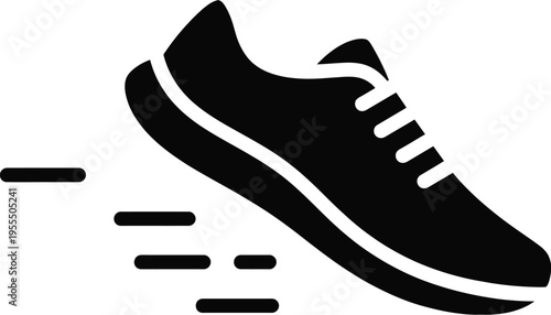 A black silhouette icon of a running shoe depicted in motion with speed lines trailing behind it isolated on white background, Vector, illustration