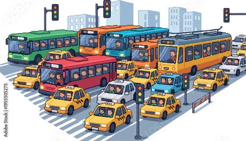 Busy city street filled with diverse vehicles, including buses, trams, taxis, and cars, under traffic lights