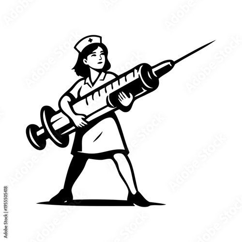 Logo Medical. Campaña de vacunación. Dibujo con líneas de una enfermera sujetando una jeringuilla de gran tamaño 
