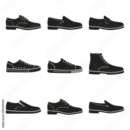 A collection of various styles of men footwear silhouettes arranged in a three by three grid format isolated on white background, Vector, illustration