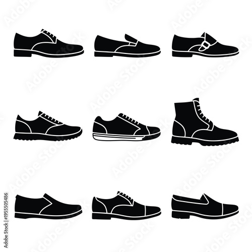 A collection of various styles of men footwear including dress shoes sneakers and leather boots isolated on white background, Vector, illustration