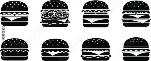 Hamburger and cheeseburger icon collection with fast food sandwich silhouettes vector illustration set for restaurant menu design and branding