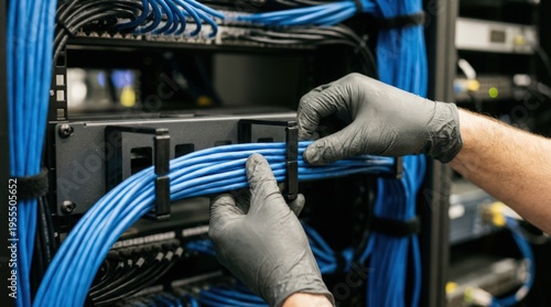 Hands in protective gloves organize blue network cables inside a server rack. The focus is on the neatness and order of the infrastructure.