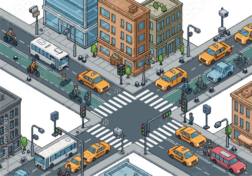 Isometric street view of a busy city intersection with cars, buses, bicycles, and traffic lights