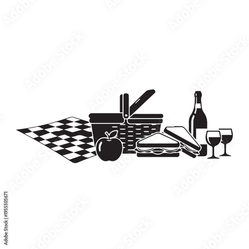 Picnic Basket with Sandwiches Wine and Glasses on BlanketStock Icon