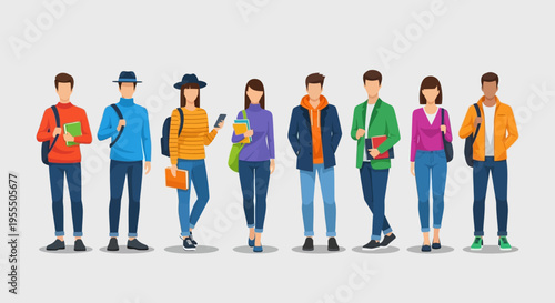 Group of diverse young college students and multicultural university classmates with backpacks and books, flat vector illustration