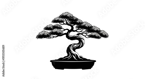 Elegant black silhouette of a bonsai tree in a minimalist style for decorative design