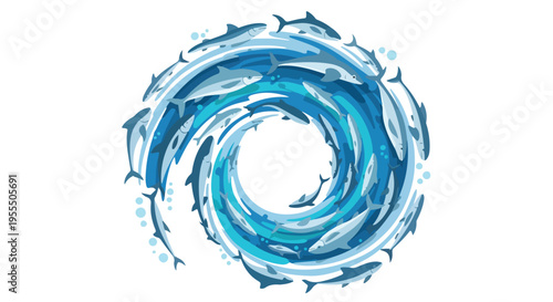 Swirling school of blue fish forming a spiral shape on a white background with a calming aquatic mood.