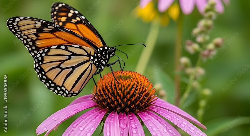 Fototapeta premium Monarch Butterfly Resting on Pink Coneflower in Garden