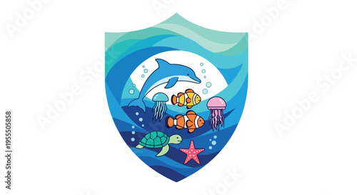 Illustration of a colorful ocean shield with various sea creatures including a dolphin, fish, turtle, and starfish on a white background.