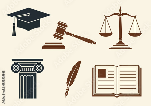 Law and Education Vector Icon Set with Gavel, Scales of Justice, Graduation Cap, Pillar, Law Book, and Quill. Minimalist Legal Symbols for Jurisprudence and Academic Study.