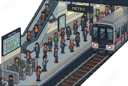 Isometric illustration of a busy subway station with people waiting for a train and using ticket gates