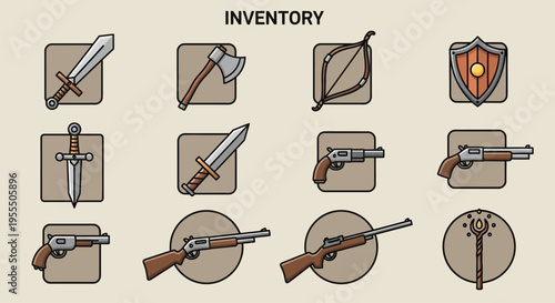 fantasy medieval weapon and armor collection featuring swords shields and rifles in an illustration