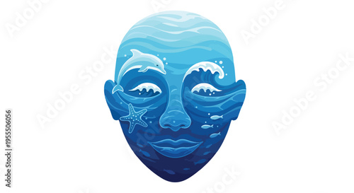 Illustration of a blue human face with ocean waves and sea creatures on a white background.