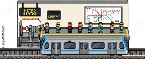 Pixel art illustration of a diverse group of people waiting for a train at a metro station with a map on the wall and a modern train on the tracks
