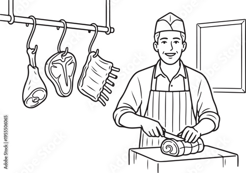 A butcher in a shop cutting a roll of meat