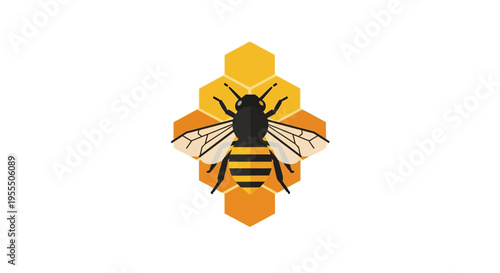 Illustration of a Bee with Honeycomb Elements Representing Nature and Pollination Process
