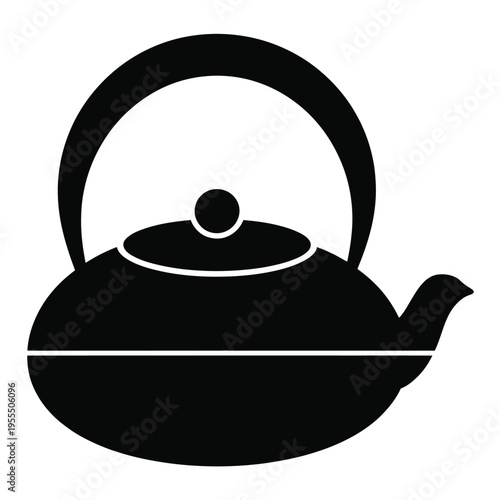 A traditional japanese style cast iron teapot with a rounded body and a prominent curved handle isolated on white background, Vector, illustration