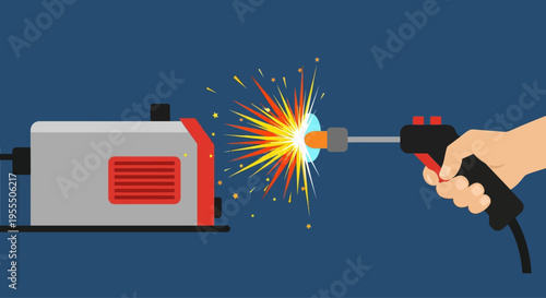 Illustration of a hand welding metal with sparks flying in a digital art style
