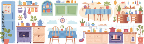 Kitchen interior vector collection, home cooking appliances furniture utensils plants cozy dining space flat illustration set