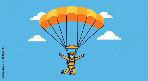 Illustration of a person skydiving with a colorful parachute against a bright blue sky