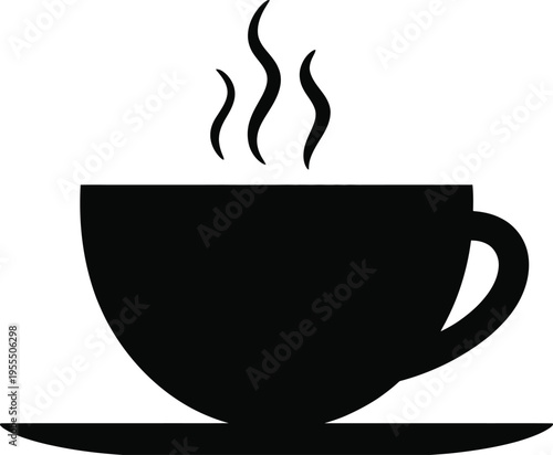 A simple black silhouette icon of a hot cup of coffee with swirling steam rising from the drink isolated on white background, Vector, illustration