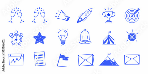 Collection of blue line art icons representing success goals and achievement