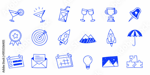 Collection of blue hand drawn icons representing achievements goals and ideas