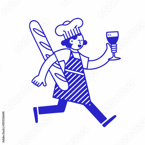 A running chef cheerfully carries bread and holds a glass of wine