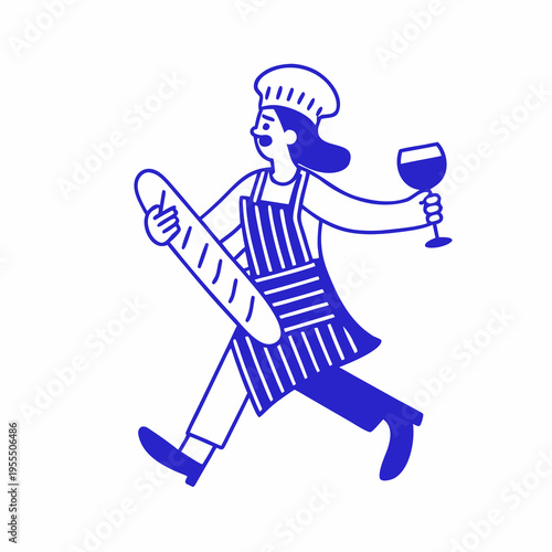 Woman cheerfully carries baguette and wine glass while walking forward