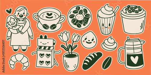 Charming illustration featuring coffee pastries and a mother with her child