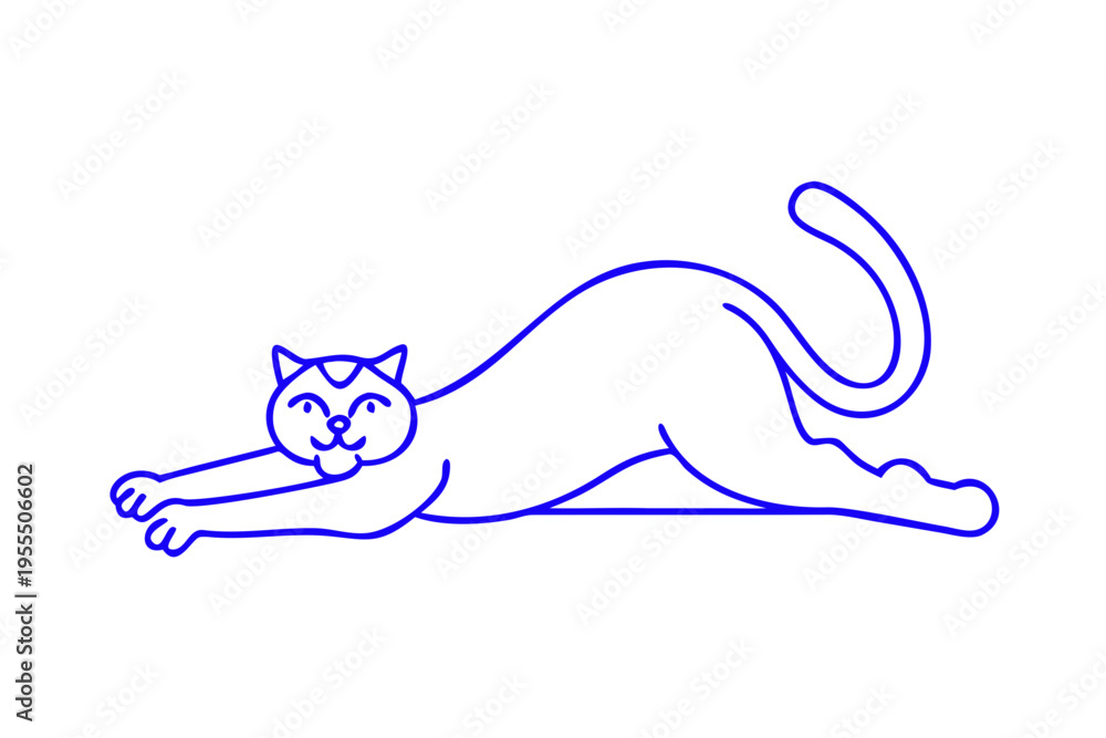 Naklejka premium A striking neon blue line drawing depicts a cat in a playful stretch