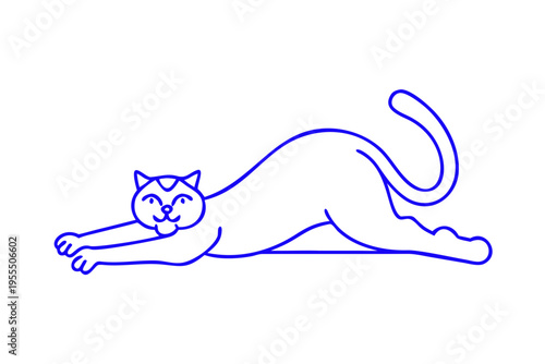 A striking neon blue line drawing depicts a cat in a playful stretch