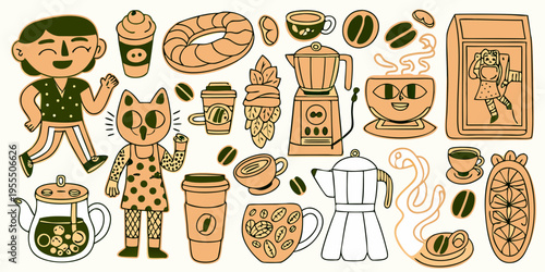 A colorful illustration featuring coffee pastries and whimsical characters