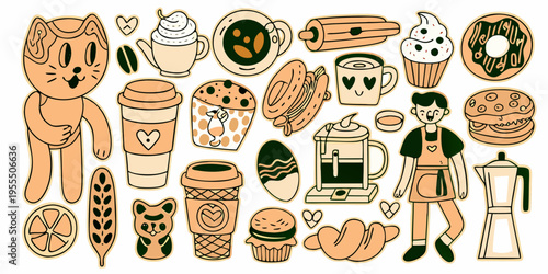 Cute hand drawn illustrations of coffee desserts and whimsical characters