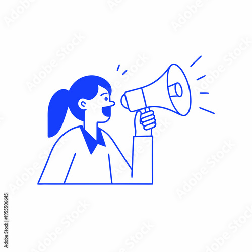 Woman speaking into a megaphone with a simple blue line art style