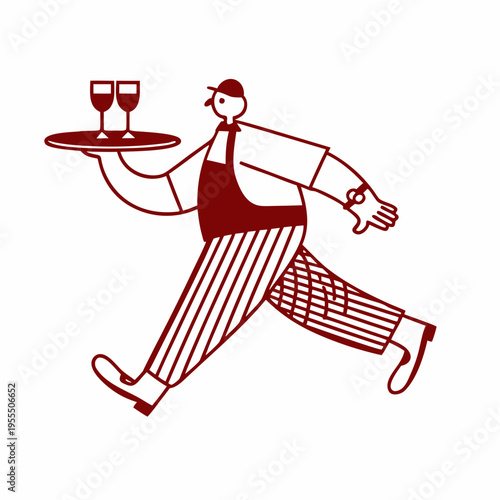 A waiter carries two glasses of wine on a tray moving quickly