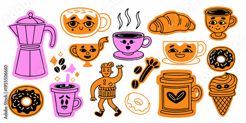 Colorful illustration of coffee pastries and sweet treats with cute faces