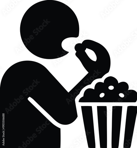 Black and white vector icon of a person enjoying a bucket of freshly popped buttery movie popcorn isolated on white background, Vector, illustration