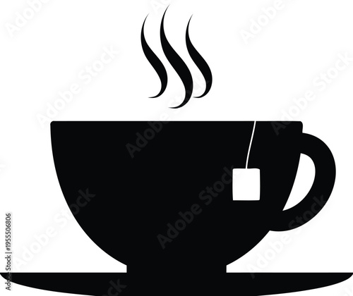 A simple black silhouette icon of a hot cup of tea with a teabag and rising steam for a beverage isolated on white background, Vector, illustration
