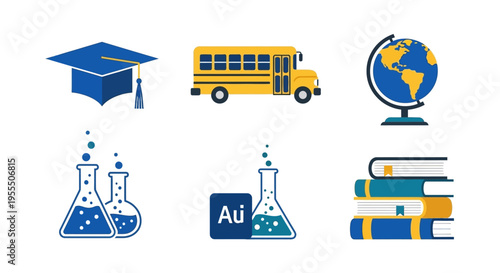 Education and Science Flat Vector Icon Set - Graduation Cap, School Bus, Globe, Chemistry Flasks, and Books