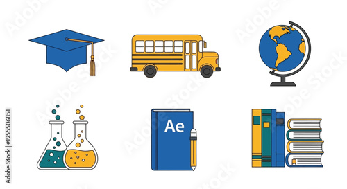 Education and Back to School Icon Set with Graduation Cap, School Bus, Globe, Science Flasks, and Books