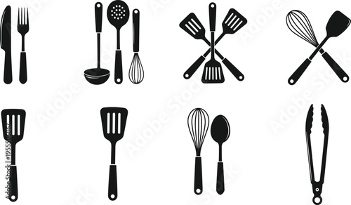 Kitchen utensil silhouettes collection featuring fork, knife, ladle, whisk, spatula and tongs isolated on white background cooking tools vector icon set