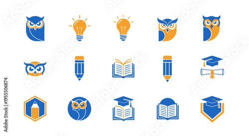 Education and Learning Logo Icon Set Featuring Wise Owl, Light Bulb, Pencil, Book, and Graduation Cap Symbols in Blue and Orange Flat Vector Style
