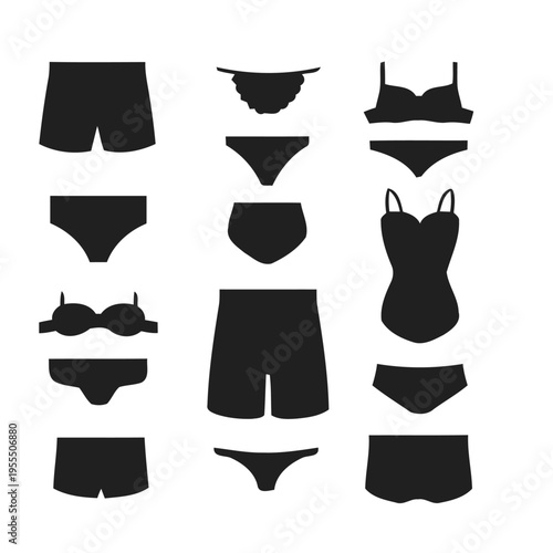 Collection of various black silhouettes of different styles of women underwear and swimwear items isolated on white background, Vector, illustration