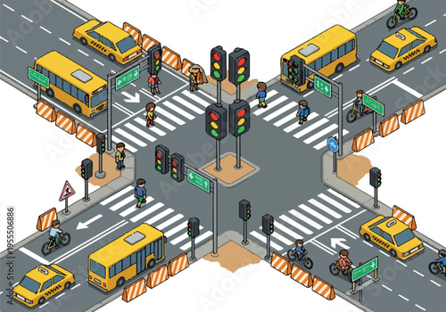 Isometric view of a bustling city intersection with traffic lights, buses, taxis, and pedestrians navigating the crosswalk